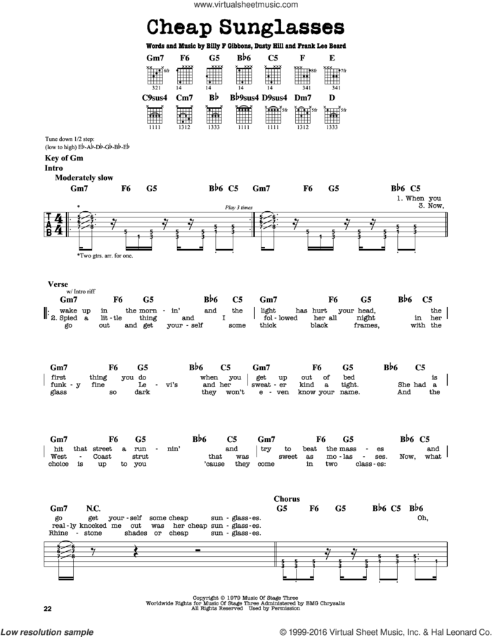 Cheap Sunglasses sheet music for guitar solo (lead sheet) by ZZ Top, Billy Gibbons, Dusty Hill and Frank Beard, intermediate guitar (lead sheet)