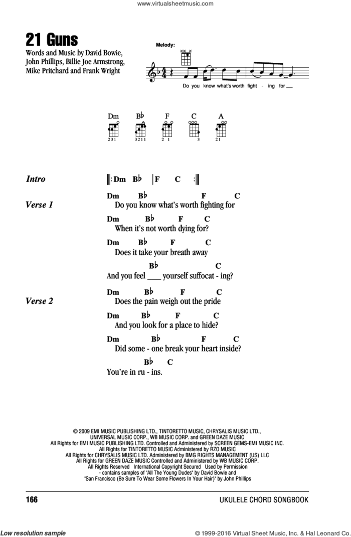 21 Guns sheet music for ukulele (chords) by Green Day, Billie Joe and John Phillips, intermediate skill level