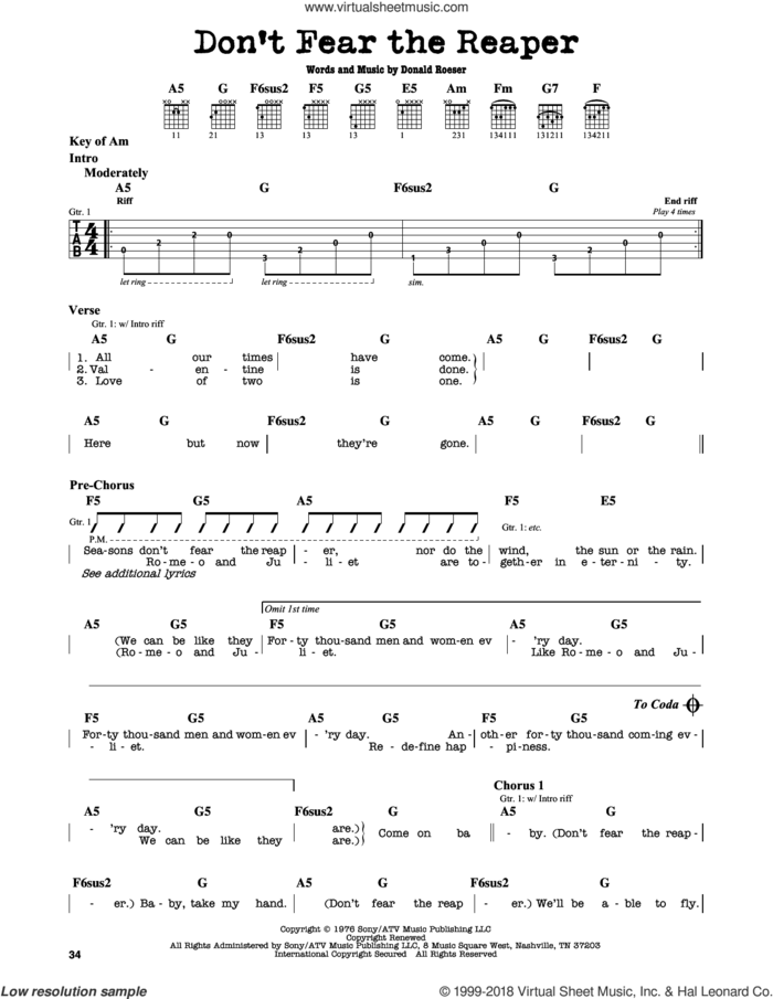 Don't Fear The Reaper sheet music for guitar solo (lead sheet) by Blue Oyster Cult and Donald Roeser, intermediate guitar (lead sheet)