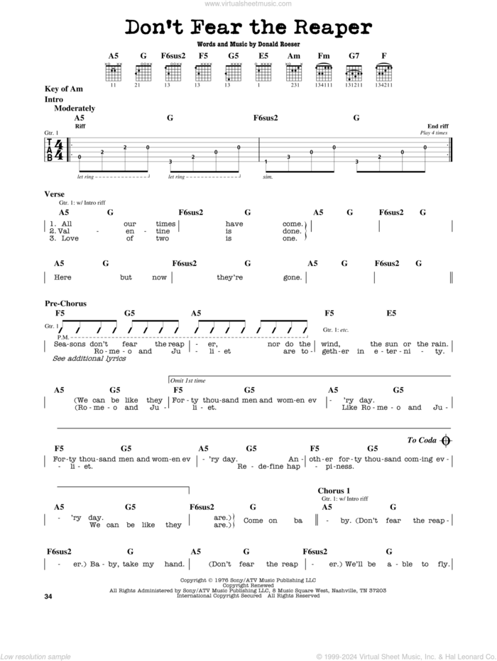 Don't Fear The Reaper sheet music for guitar solo (lead sheet) by Blue Oyster Cult and Donald Roeser, intermediate guitar (lead sheet)