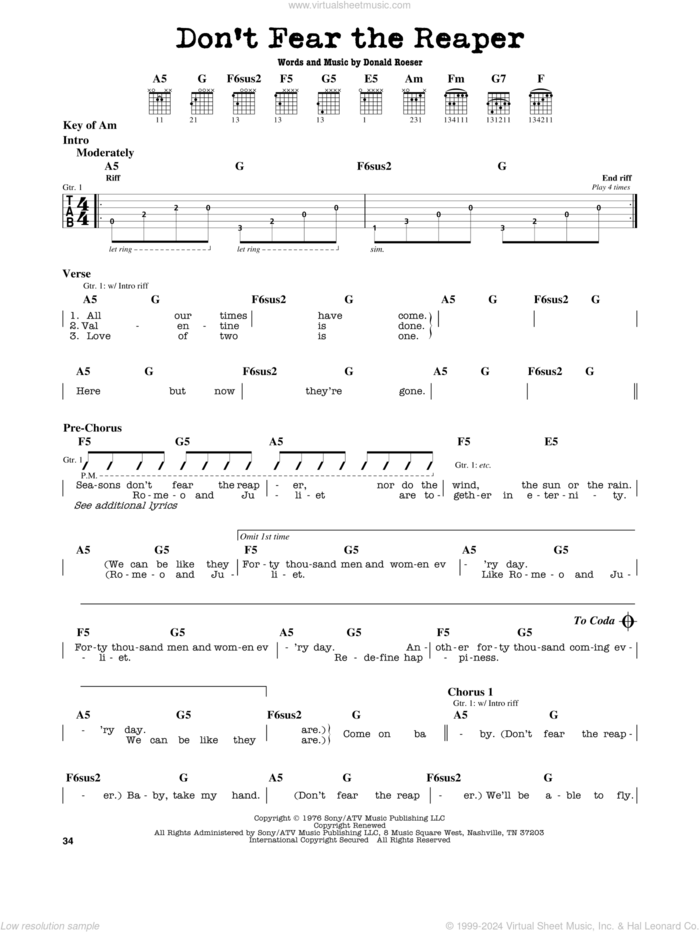 Don't Fear The Reaper sheet music for guitar solo (lead sheet) by Blue Oyster Cult and Donald Roeser, intermediate guitar (lead sheet)