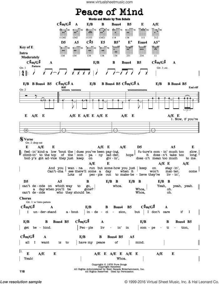 Peace Of Mind sheet music for guitar solo (lead sheet) by Boston and Tom Scholz, intermediate guitar (lead sheet)