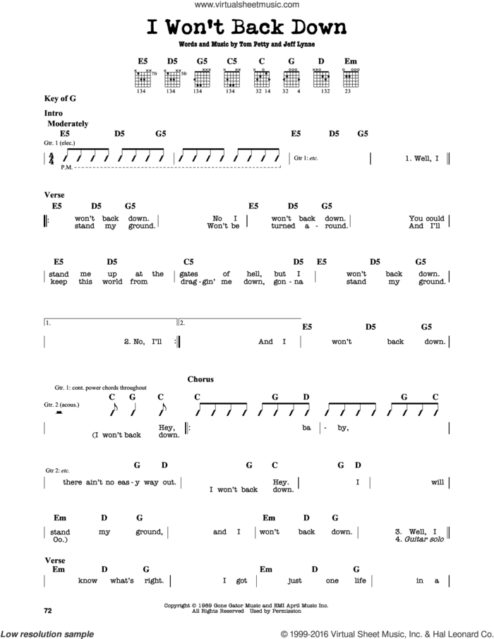 I Won't Back Down sheet music for guitar solo (lead sheet) by Tom Petty and Jeff Lynne, intermediate guitar (lead sheet)