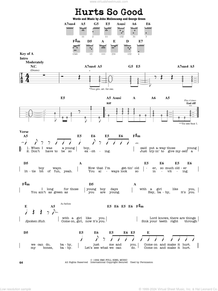 Hurts So Good sheet music for guitar solo (lead sheet) by John Mellencamp, John 'Cougar' and George Green, intermediate guitar (lead sheet)