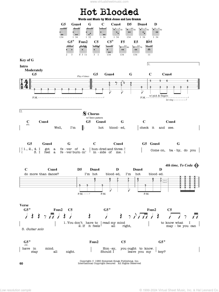 Hot Blooded sheet music for guitar solo (lead sheet) by Foreigner, Lou Gramm and Mick Jones, intermediate guitar (lead sheet)