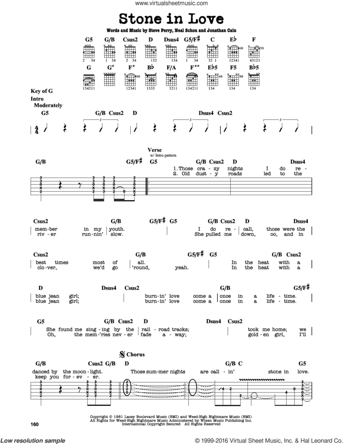 Stone In Love sheet music for guitar solo (lead sheet) by Journey, Jonathan Cain, Neal Schon and Steve Perry, intermediate guitar (lead sheet)