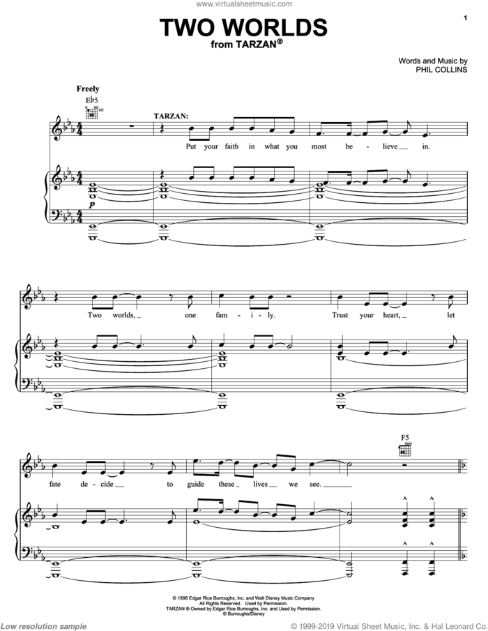 Two Worlds sheet music for voice, piano or guitar by Phil Collins and Tarzan (Musical), intermediate skill level
