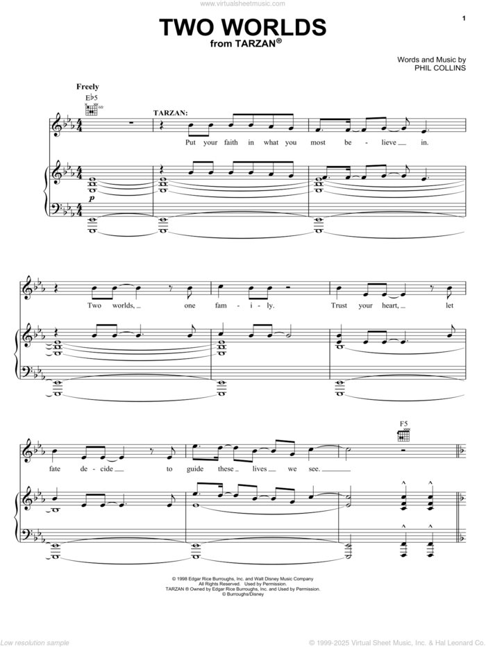 Two Worlds sheet music for voice, piano or guitar by Phil Collins and Tarzan (Musical), intermediate skill level