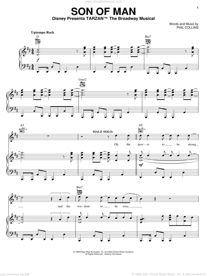 Son Of Man sheet music for voice, piano or guitar by Phil Collins and Tarzan (Musical), intermediate skill level