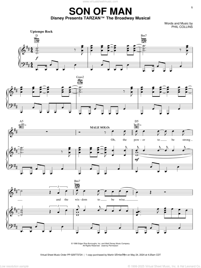 Son Of Man sheet music for voice, piano or guitar by Phil Collins and Tarzan (Musical), intermediate skill level