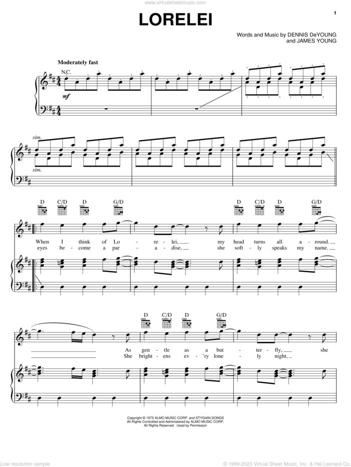 Lorelei sheet music for voice, piano or guitar by Styx, Dennis DeYoung and James Young, intermediate skill level