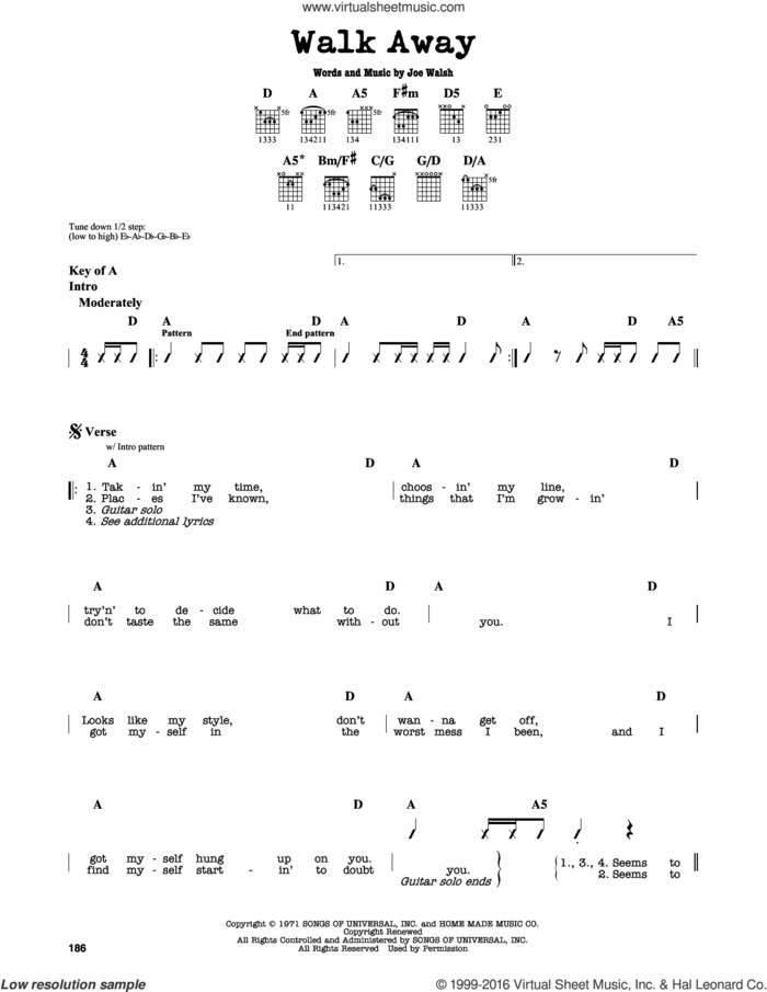 Walk Away sheet music for guitar solo (lead sheet) by The James Gang and Joe Walsh, intermediate guitar (lead sheet)