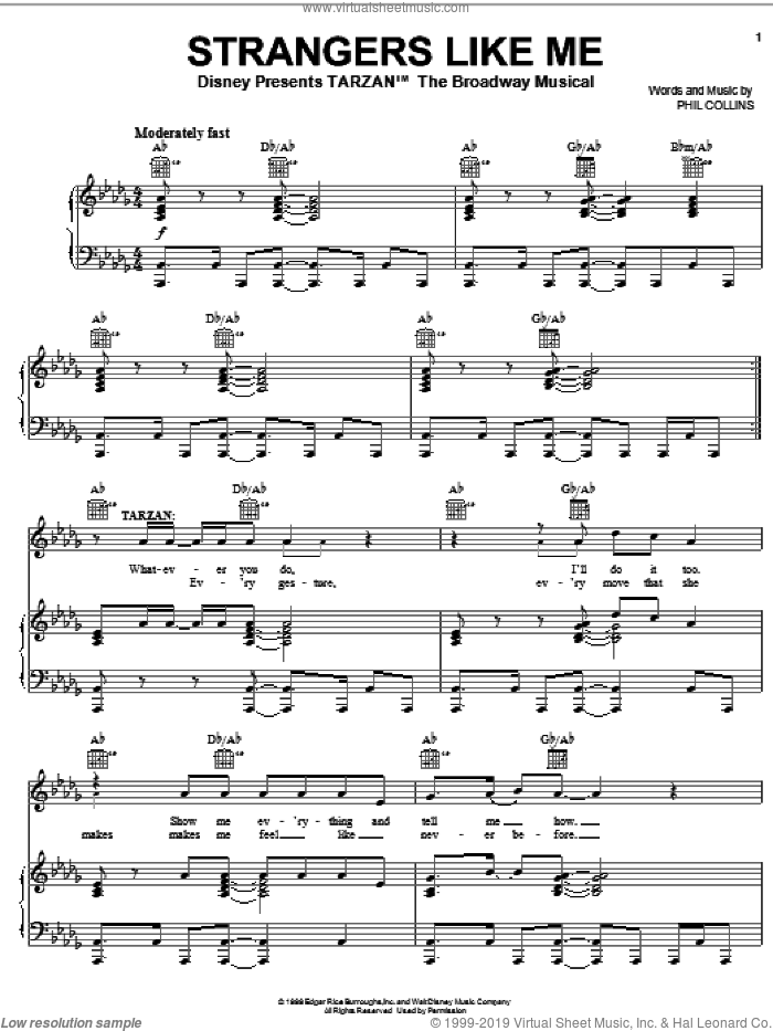 Strangers Like Me sheet music for voice, piano or guitar by Phil Collins and Tarzan (Musical), intermediate skill level