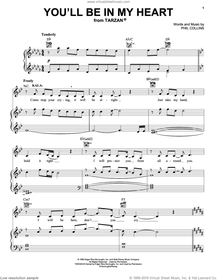 You'll Be In My Heart (from Tarzan: The Broadway Musical) sheet music for voice, piano or guitar by Phil Collins and Tarzan (Musical), wedding score, intermediate skill level