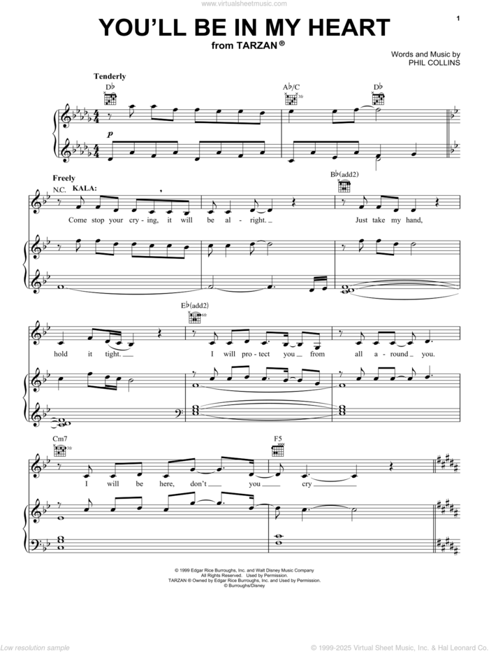 You'll Be In My Heart (from Tarzan: The Broadway Musical) sheet music for voice, piano or guitar by Phil Collins and Tarzan (Musical), wedding score, intermediate skill level