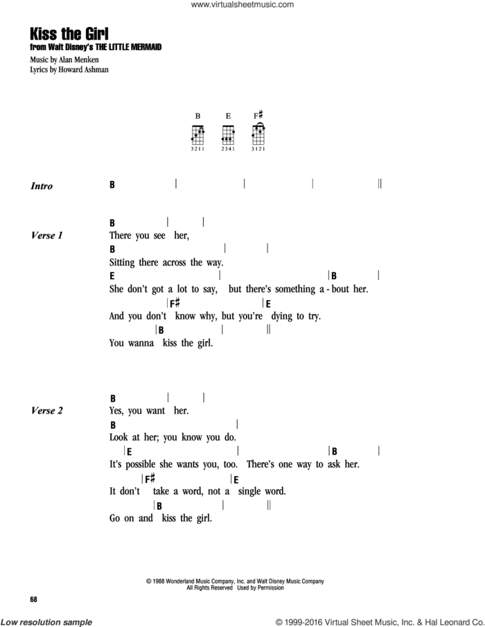 Kiss The Girl (from The Little Mermaid) sheet music for ukulele (chords) by Alan Menken, Colbie Caillat, Little Texas, Alan Menken & Howard Ashman and Howard Ashman, intermediate skill level