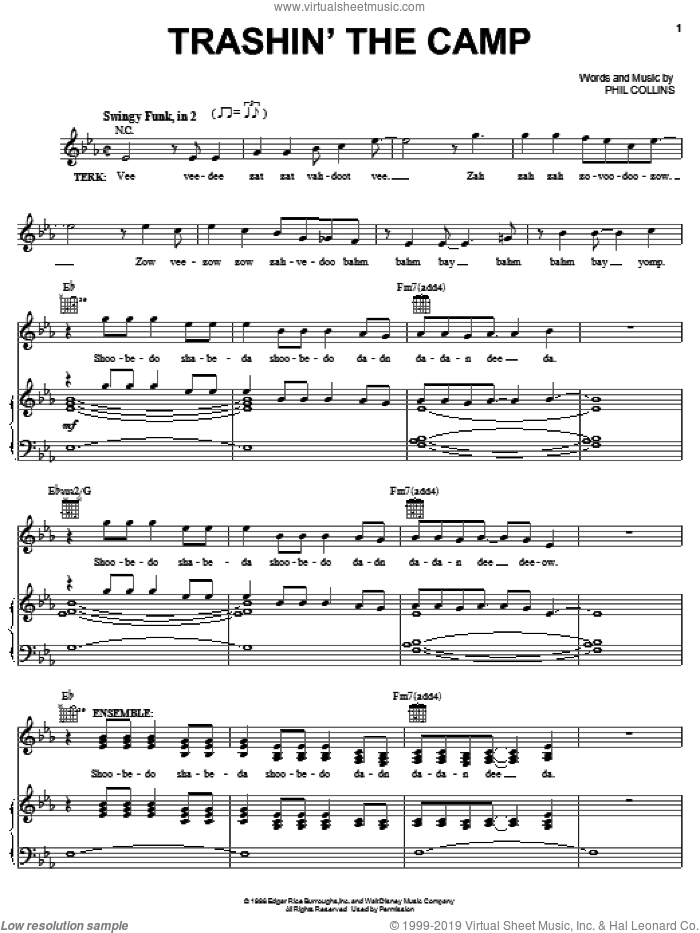 Trashin' The Camp sheet music for voice, piano or guitar by Phil Collins and Tarzan (Musical), intermediate skill level