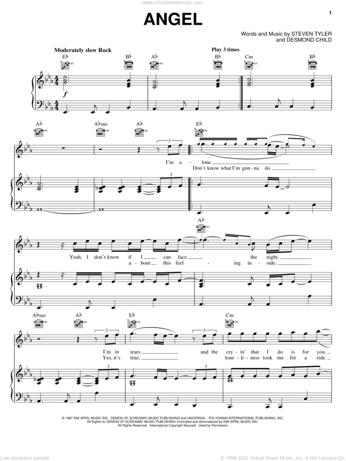 Angel sheet music for voice, piano or guitar by Aerosmith, Desmond Child and Steven Tyler, intermediate skill level