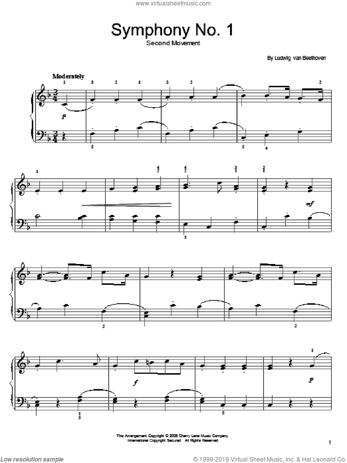 Symphony No. 1 sheet music for piano solo by Ludwig van Beethoven, classical score, easy skill level