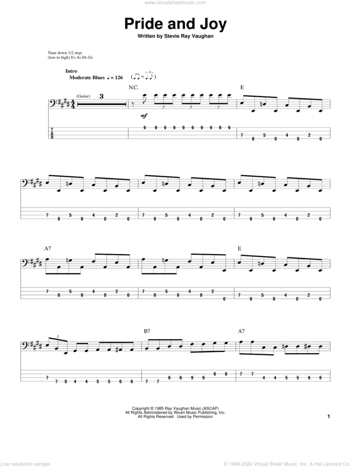 Pride And Joy sheet music for bass (tablature) (bass guitar) by Stevie Ray Vaughan, intermediate skill level