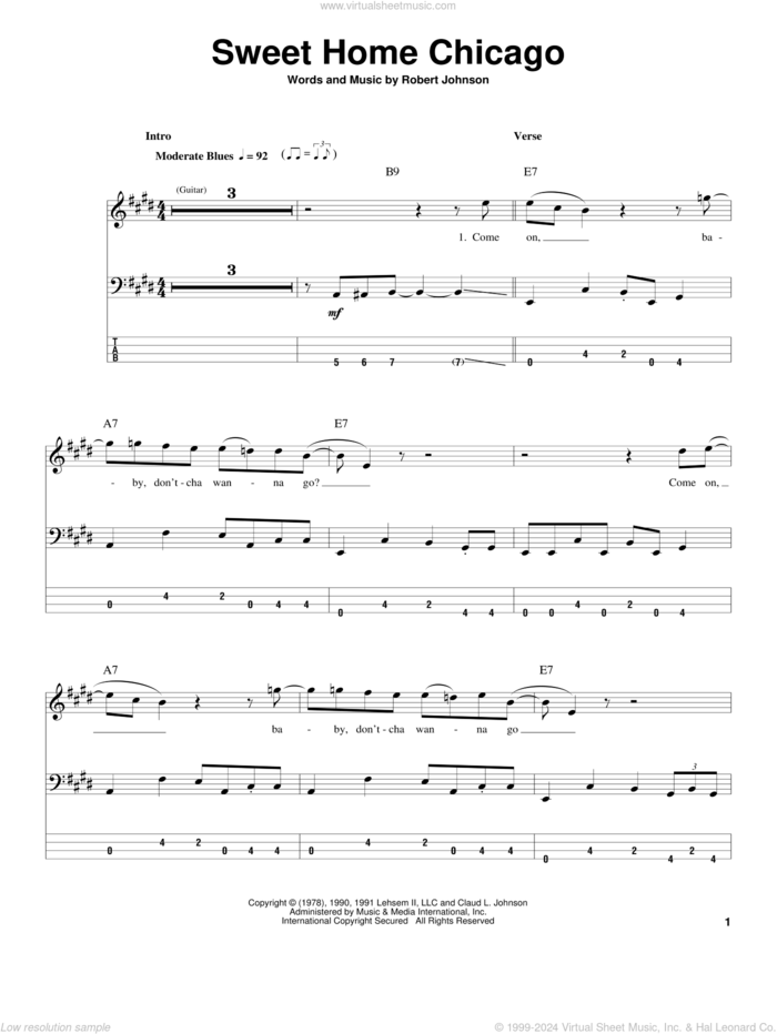 Sweet Home Chicago sheet music for bass (tablature) (bass guitar) by Robert Johnson, Blues Brothers and Freddie King, intermediate skill level