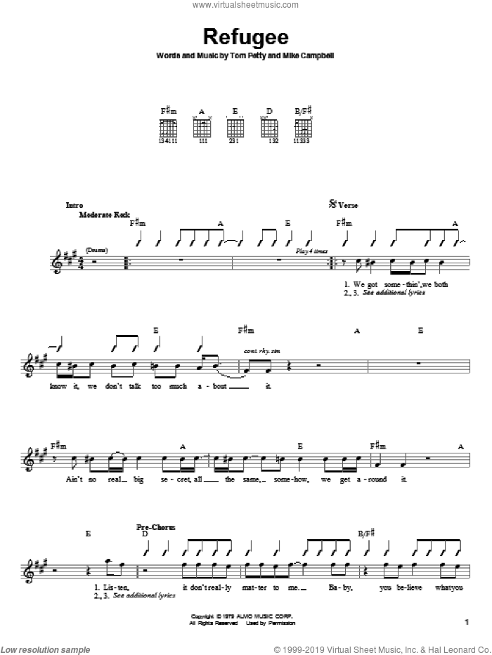 Refugee sheet music for guitar solo (chords) by Tom Petty And The Heartbreakers, Mike Campbell and Tom Petty, easy guitar (chords)