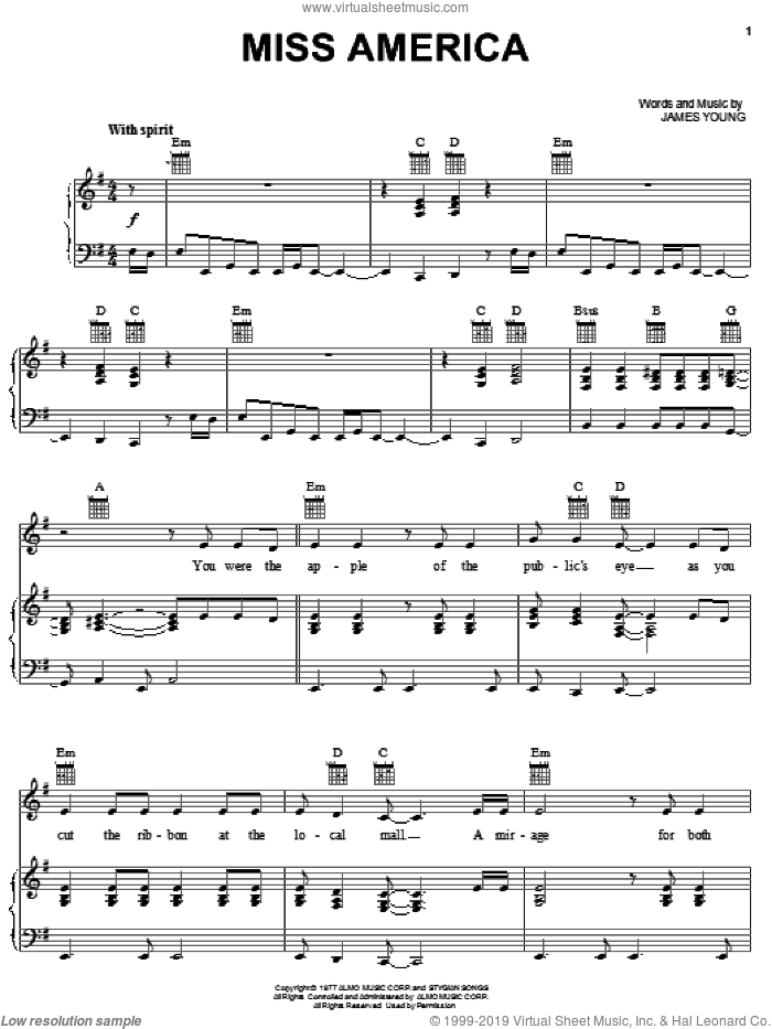 Miss America sheet music for voice, piano or guitar by Styx and James Young, intermediate skill level