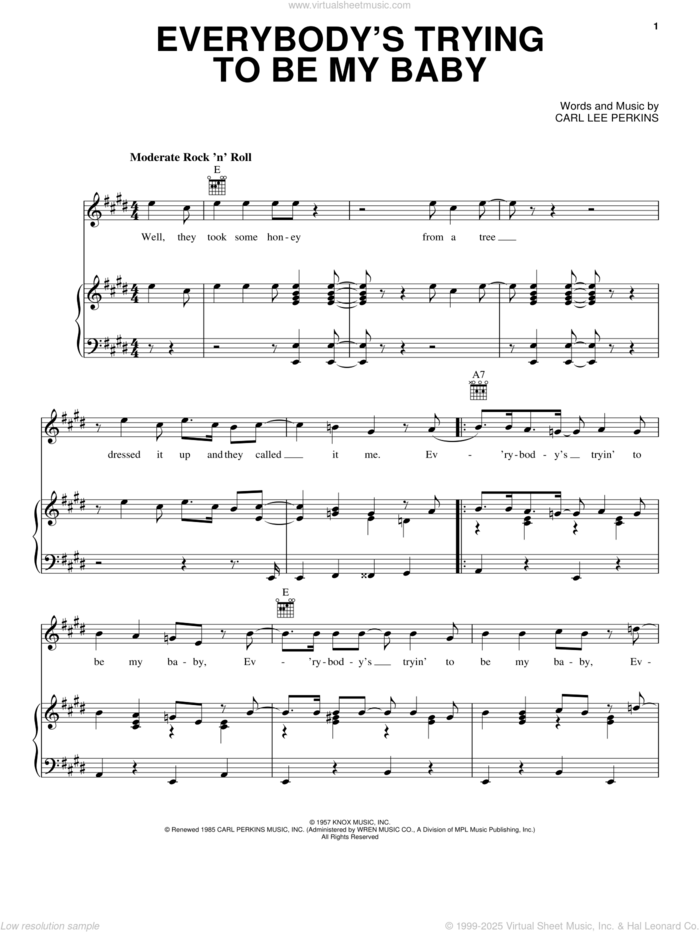 Everybody's Trying To Be My Baby sheet music for voice, piano or guitar by The Beatles and Carl Perkins, intermediate skill level