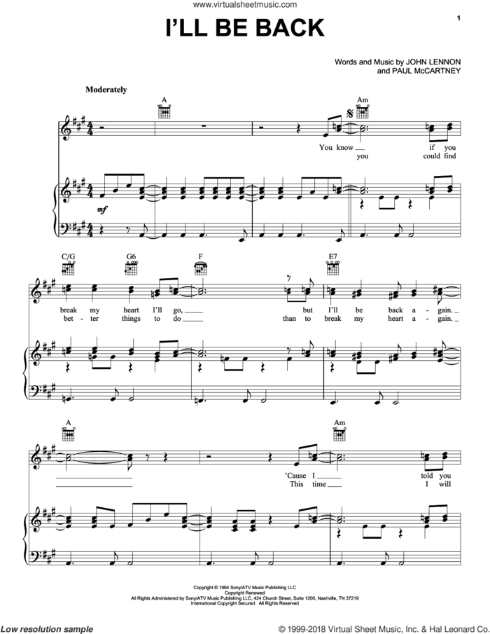 I'll Be Back sheet music for voice, piano or guitar by The Beatles, John Lennon and Paul McCartney, intermediate skill level