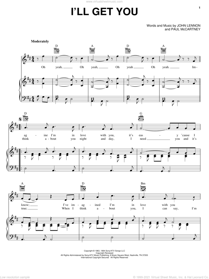 I'll Get You sheet music for voice, piano or guitar by The Beatles, John Lennon and Paul McCartney, intermediate skill level