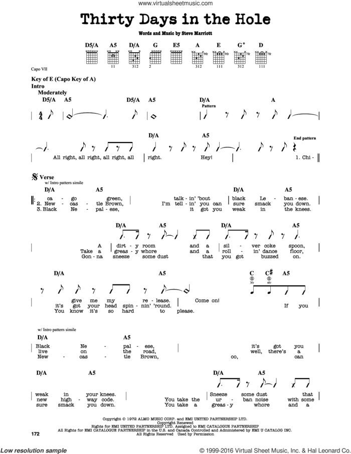 Thirty Days In The Hole sheet music for guitar solo (lead sheet) by Humble Pie and Steve Marriott, intermediate guitar (lead sheet)