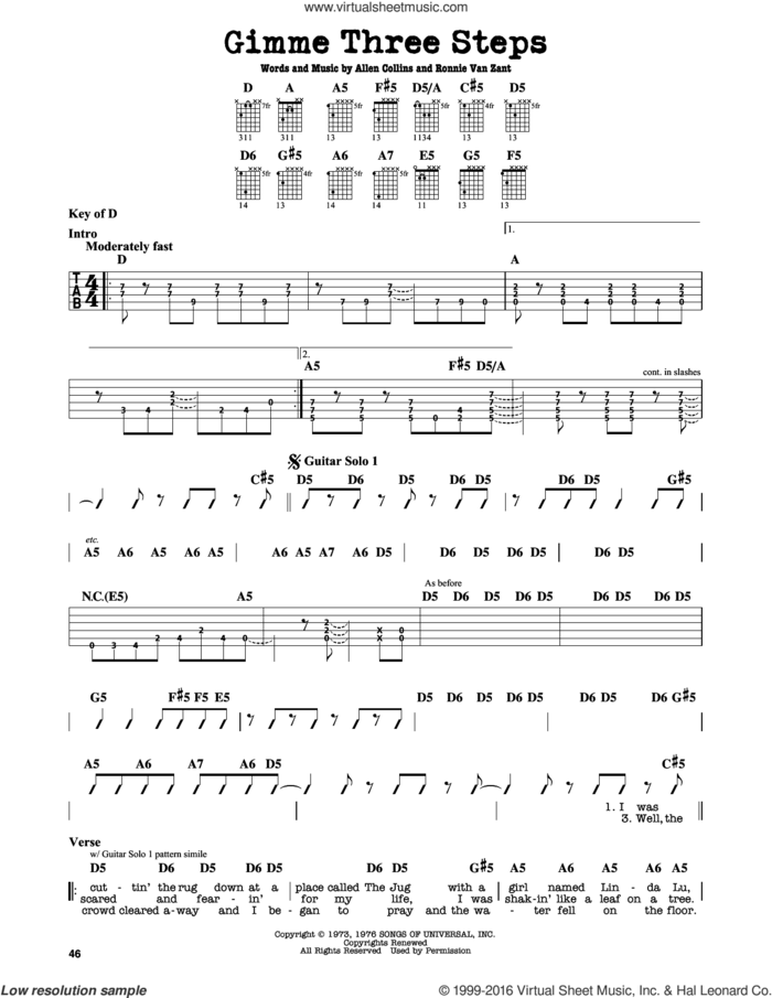 Gimme Three Steps sheet music for guitar solo (lead sheet) by Lynyrd Skynyrd, Allen Collins and Ronnie Van Zant, intermediate guitar (lead sheet)