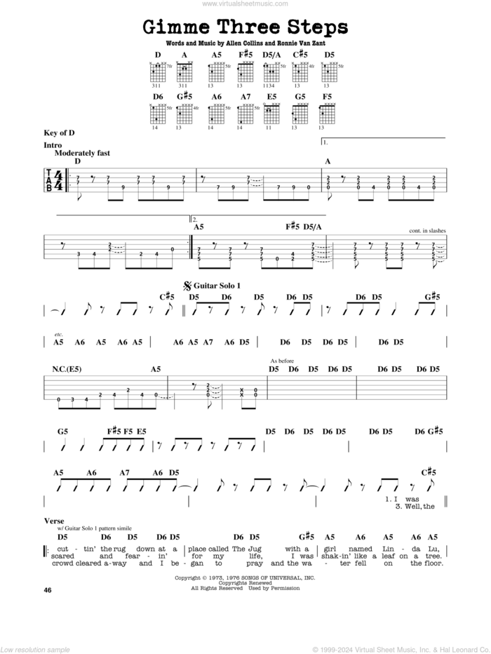 Gimme Three Steps sheet music for guitar solo (lead sheet) by Lynyrd Skynyrd, Allen Collins and Ronnie Van Zant, intermediate guitar (lead sheet)