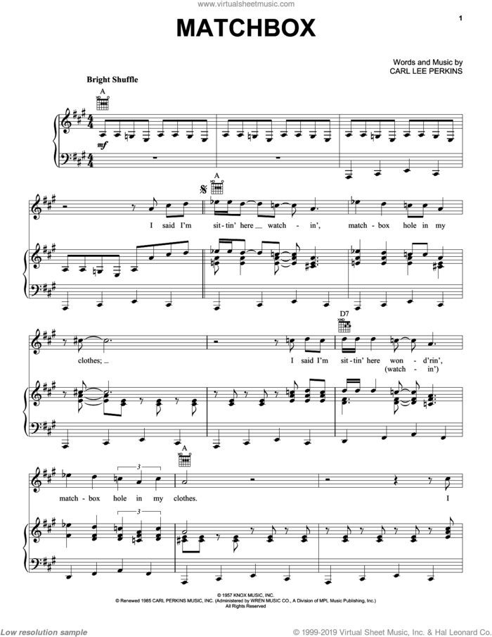 Matchbox sheet music for voice, piano or guitar by The Beatles and Carl Perkins, intermediate skill level