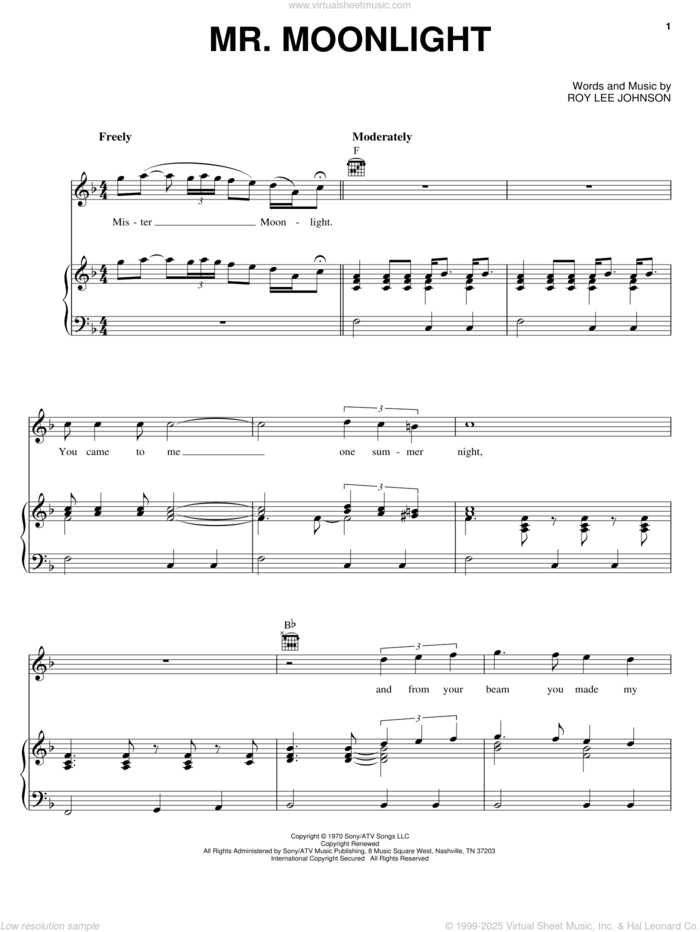 Mr. Moonlight sheet music for voice, piano or guitar by The Beatles and Roy Lee Johnson, intermediate skill level