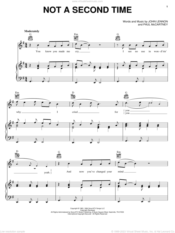 Not A Second Time sheet music for voice, piano or guitar by The Beatles, John Lennon and Paul McCartney, intermediate skill level