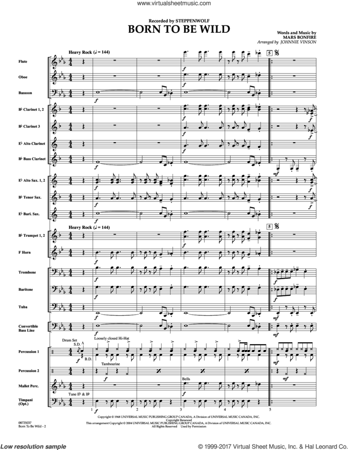 Born to Be Wild (COMPLETE) sheet music for concert band by Johnnie Vinson, Mars Bonfire and Steppenwolf, intermediate skill level
