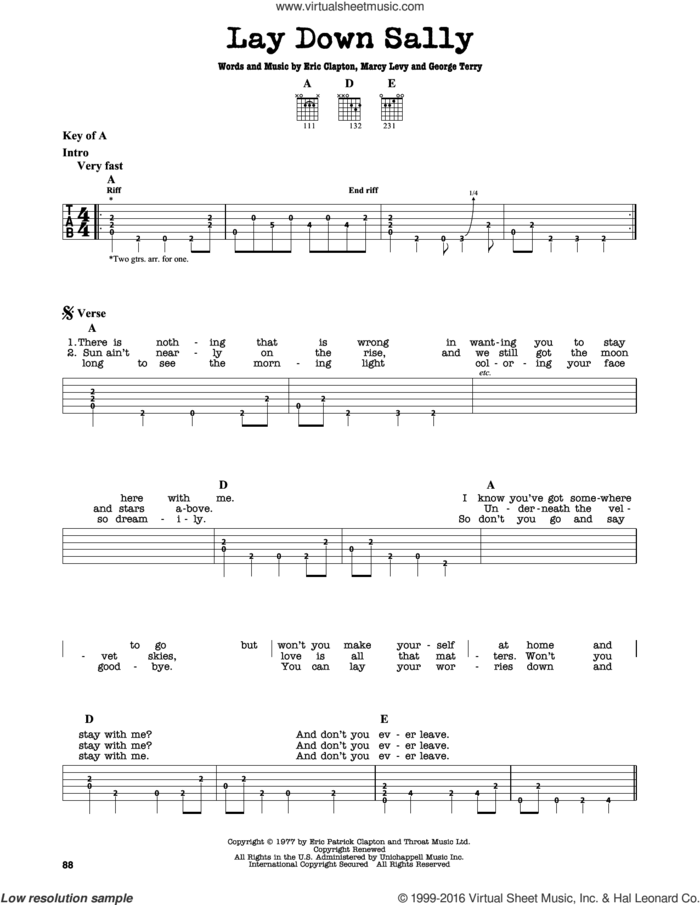 Lay Down Sally sheet music for guitar solo (lead sheet) by Eric Clapton, George Terry and Marcy Levy, intermediate guitar (lead sheet)