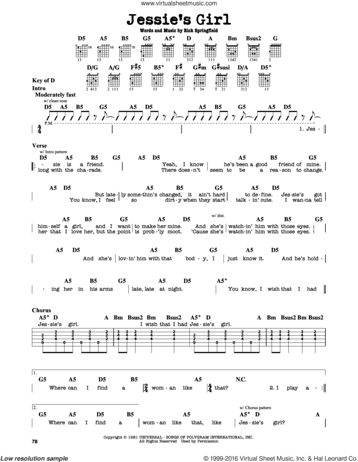 Jessie's Girl sheet music for guitar solo (lead sheet) by Rick Springfield, intermediate guitar (lead sheet)