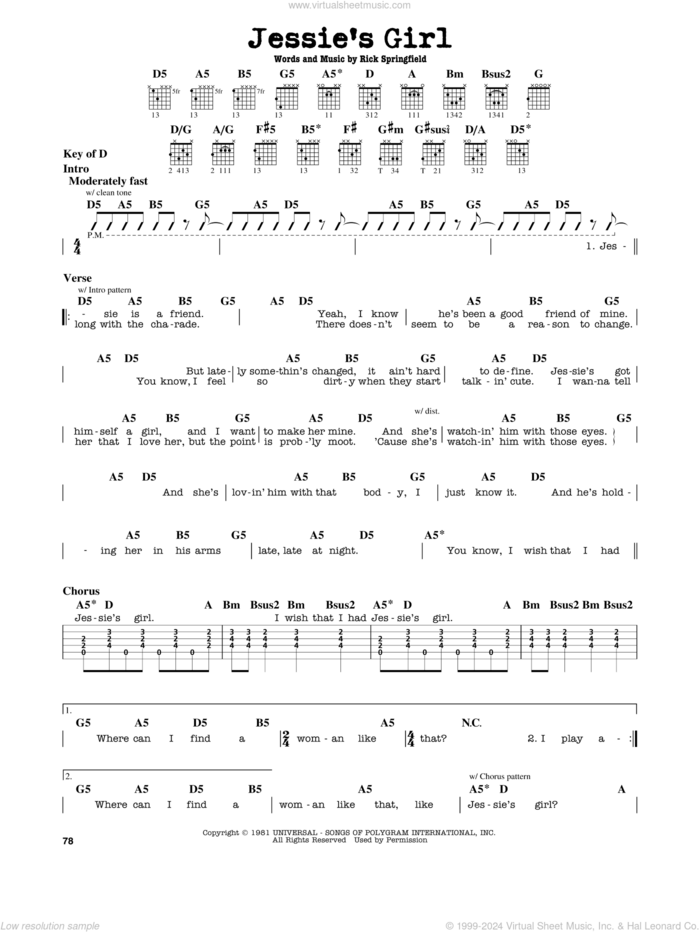 Jessie's Girl sheet music for guitar solo (lead sheet) by Rick Springfield, intermediate guitar (lead sheet)