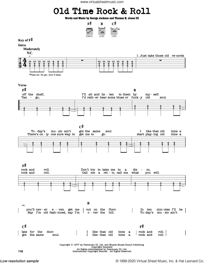 Old Time Rock and Roll sheet music for guitar solo (lead sheet) by Bob Seger, George Jackson and Tom Jones, intermediate guitar (lead sheet)