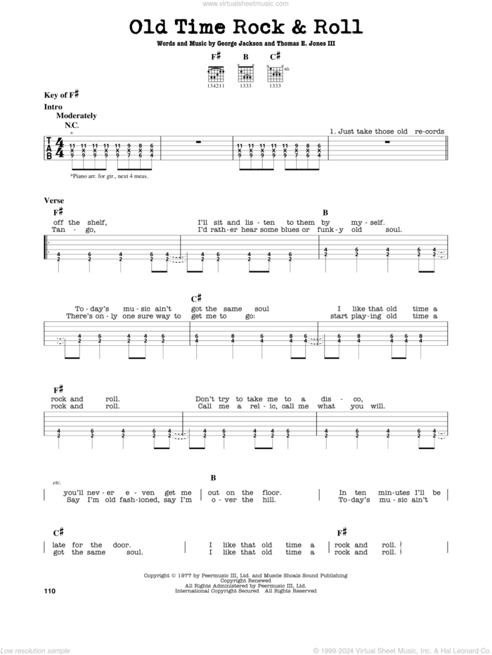 Old Time Rock and Roll sheet music for guitar solo (lead sheet) by Bob Seger, George Jackson and Tom Jones, intermediate guitar (lead sheet)