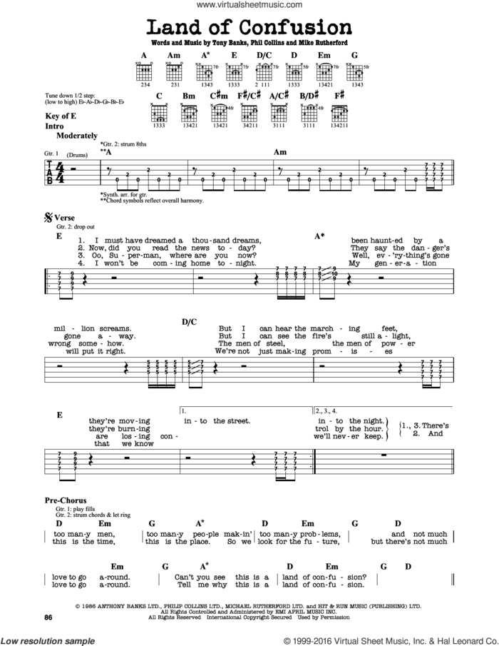 Land Of Confusion sheet music for guitar solo (lead sheet) by Genesis, Mike Rutherford, Phil Collins and Tony Banks, intermediate guitar (lead sheet)