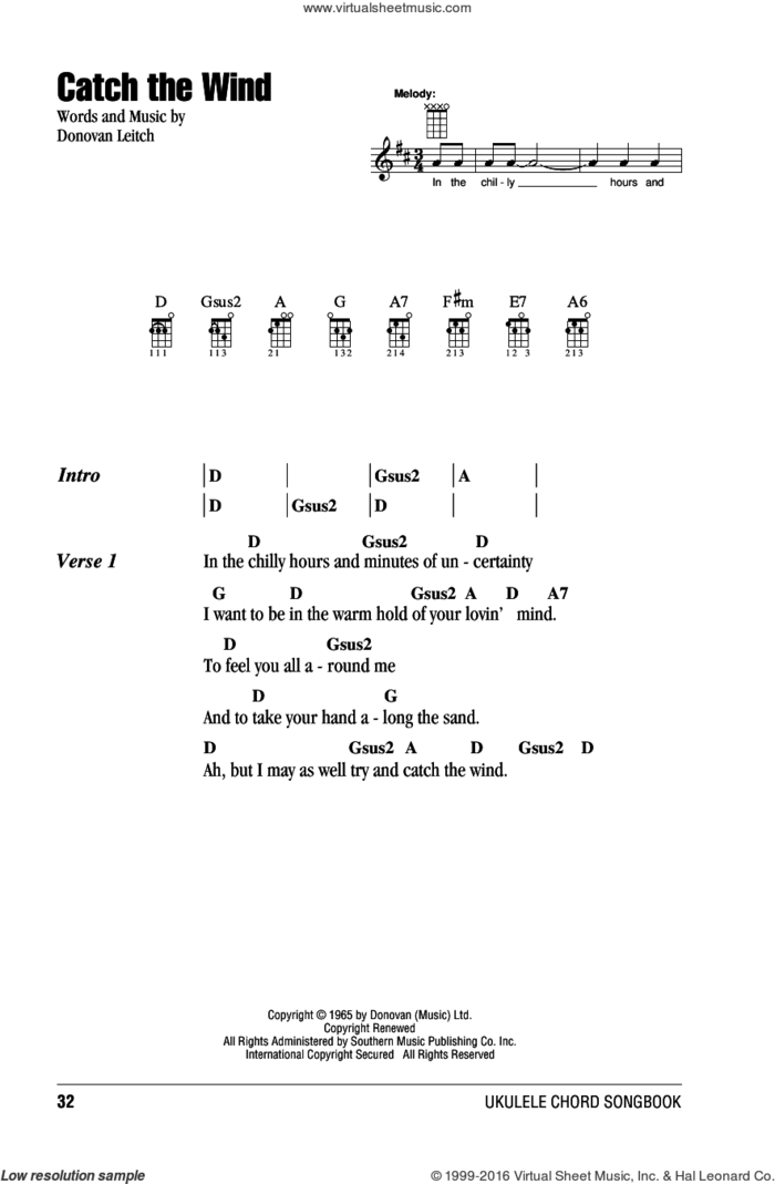 Catch The Wind sheet music for ukulele (chords) by Walter Donovan and Donovan Leitch, intermediate skill level