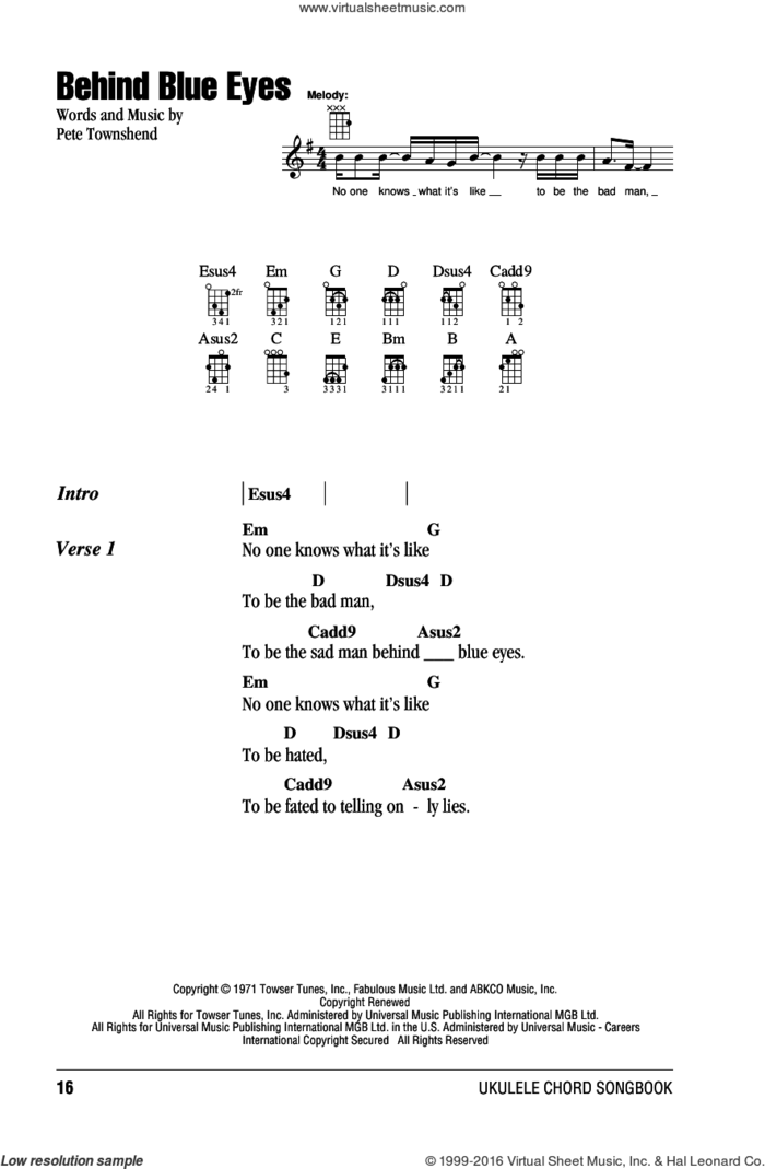 Behind Blue Eyes sheet music for ukulele (chords) by The Who, Limp Bizkit and Pete Townshend, intermediate skill level