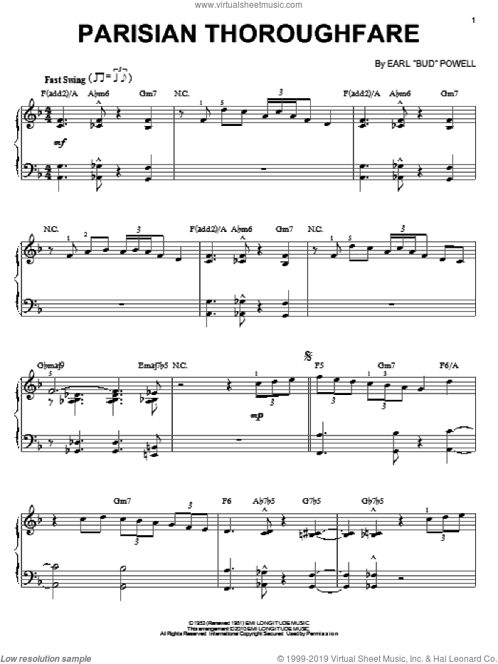 Parisian Thoroughfare sheet music for piano solo by Bud Powell, intermediate skill level