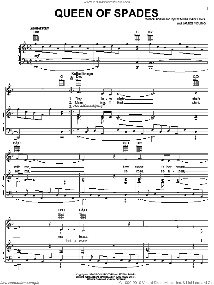 Queen Of Spades sheet music for voice, piano or guitar by Styx, Dennis DeYoung and James Young, intermediate skill level