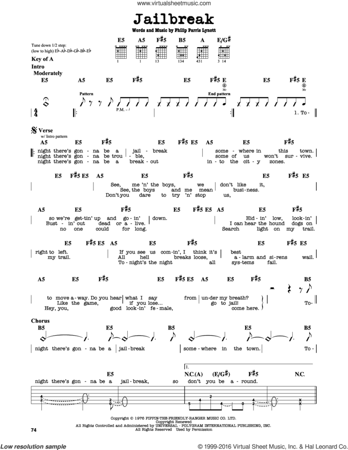 Jailbreak sheet music for guitar solo (lead sheet) by Thin Lizzy and Phil Lynott, intermediate guitar (lead sheet)
