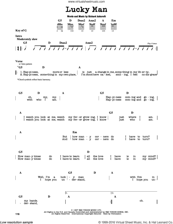 Lucky Man sheet music for guitar solo (lead sheet) by The Verve and Richard Ashcroft, intermediate guitar (lead sheet)