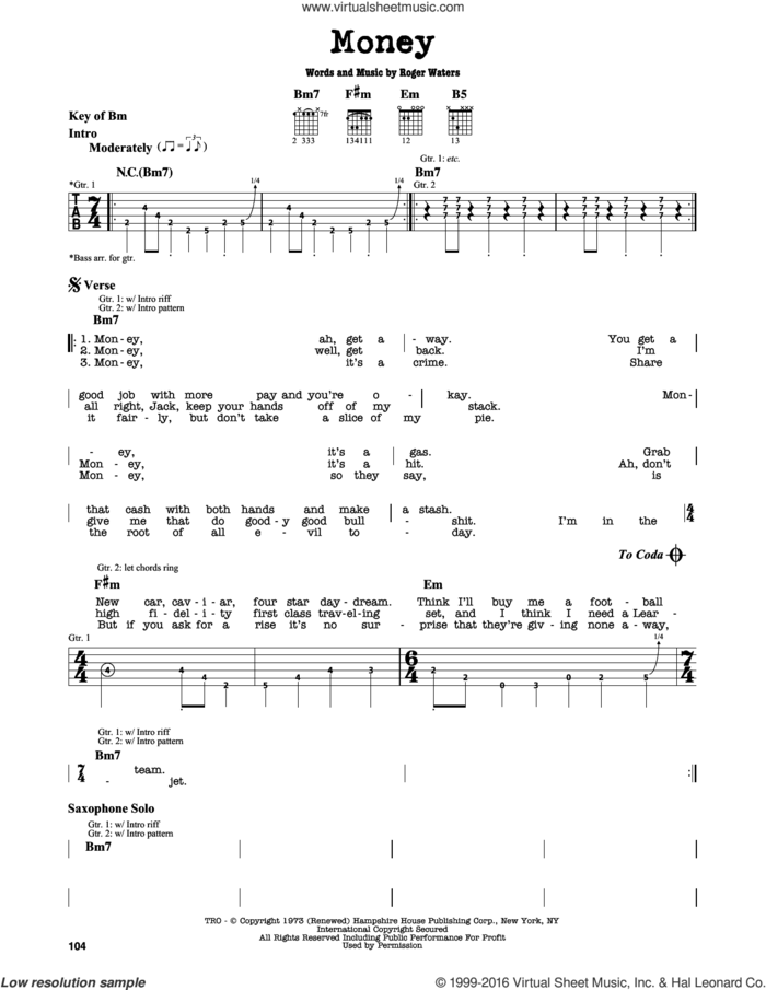 Money sheet music for guitar solo (lead sheet) by Pink Floyd and Roger Waters, intermediate guitar (lead sheet)